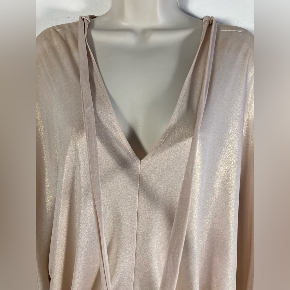 Julian Chang Tunic Top XL Champagne Shimmer Dolman Sleeve Tie Neck - Picture 5 of 10